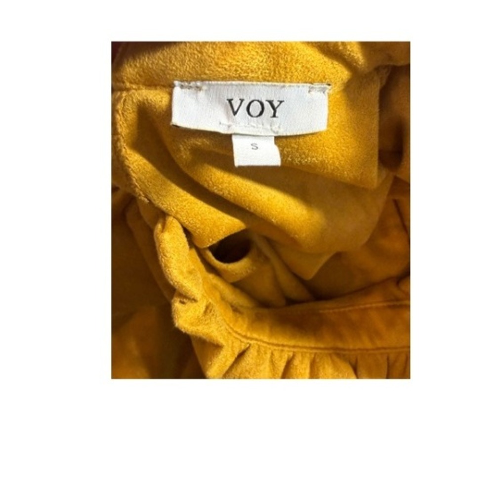 Voy Womens Mustard Yellow Faux Suede Ruffle Neck Tie Sleeveless Blouse Top S - Picture 3 of 7